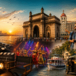 Mumbai travel collage featuring Gateway of India, Marine Drive, Bollywood dancers, and city attractions