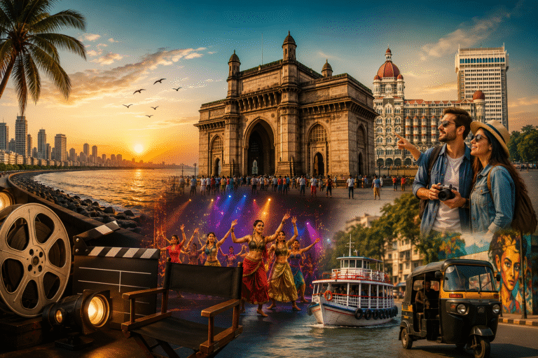 Mumbai travel collage featuring Gateway of India, Marine Drive, Bollywood dancers, and city attractions