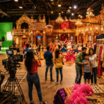 Visitors enjoying a Bollywood film studio tour in Mumbai with live dance performance, movie sets, green screen, and professional filming equipment.