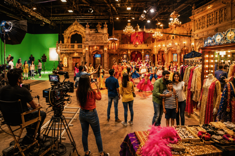 Visitors enjoying a Bollywood film studio tour in Mumbai with live dance performance, movie sets, green screen, and professional filming equipment.