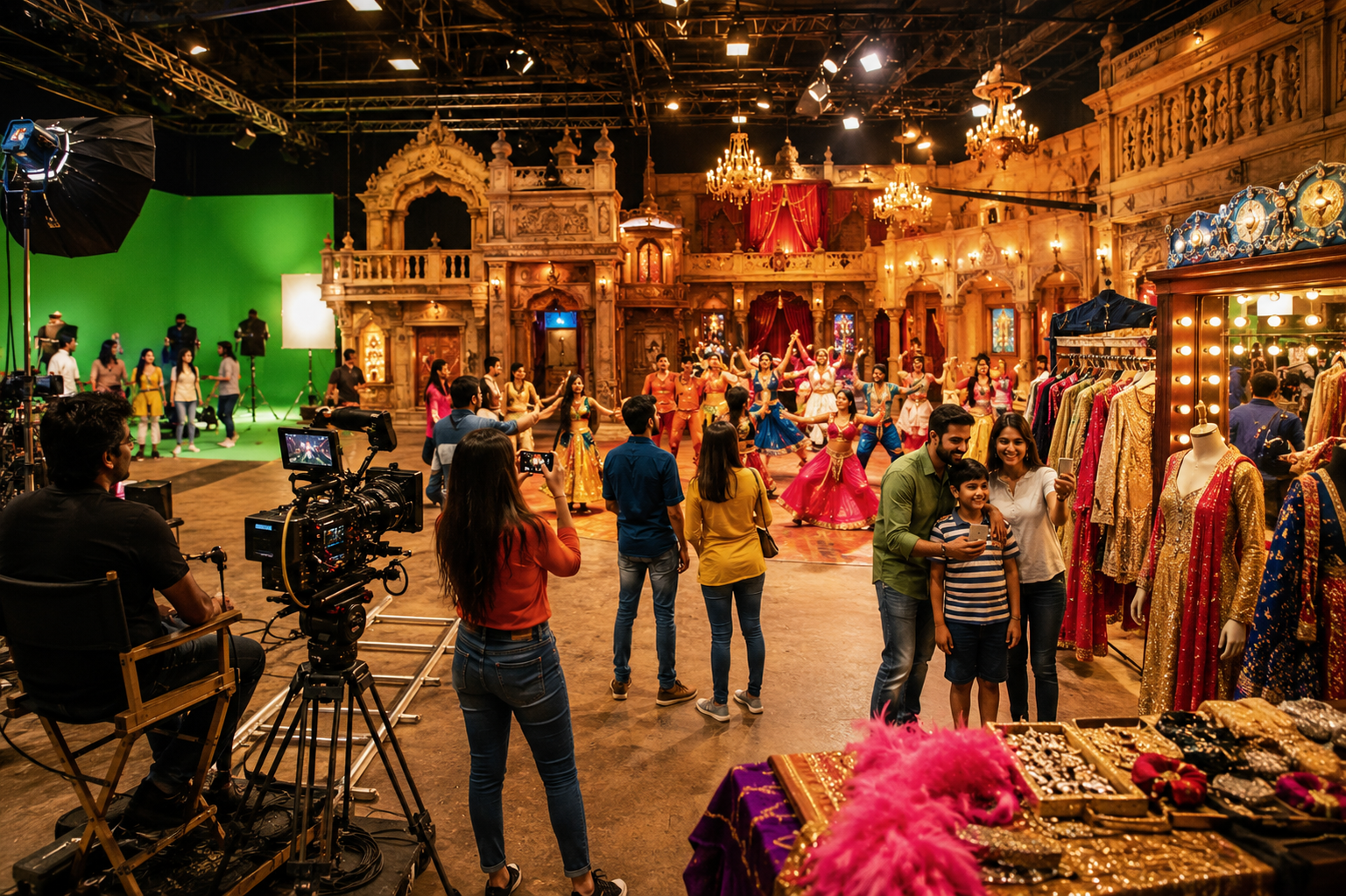 Visitors enjoying a Bollywood film studio tour in Mumbai with live dance performance, movie sets, green screen, and professional filming equipment.