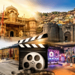 Mumbai Film City Tour featuring Bollywood shooting sets, royal palace, fort, colorful streets, and movie clapperboard
