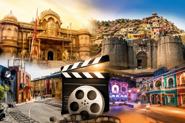 Mumbai Film City Tour featuring Bollywood shooting sets, royal palace, fort, colorful streets, and movie clapperboard