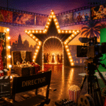 Bollywood studio scene with costumes, camera, director chair, green screen, and dance performers
