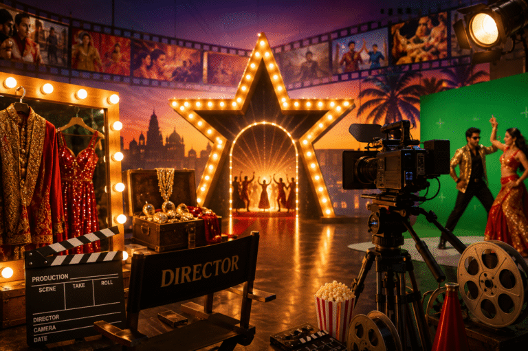 Bollywood studio scene with costumes, camera, director chair, green screen, and dance performers
