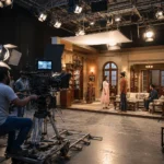 Live film shooting on a Bollywood studio set with actors, cameras and film crew