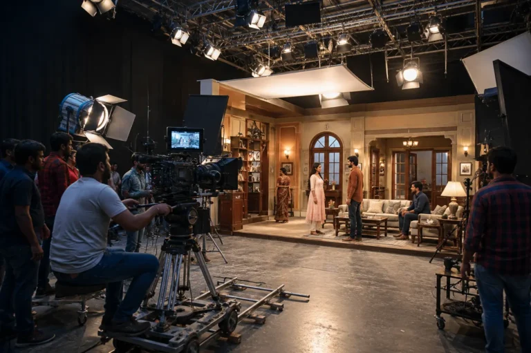 Live film shooting on a Bollywood studio set with actors, cameras and film crew