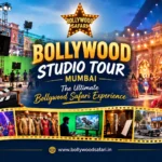 Bollywood Studio Tour Mumbai poster featuring Bollywood Safari logo, film sets, camera equipment, Bollywood dancers, costumes, VFX, and studio activities.
