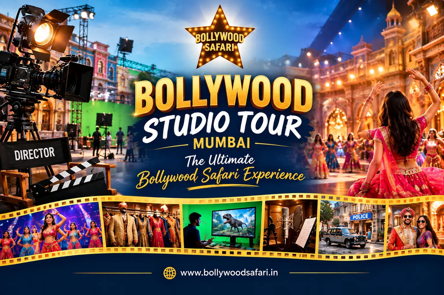 Bollywood Studio Tour Mumbai poster featuring Bollywood Safari logo, film sets, camera equipment, Bollywood dancers, costumes, VFX, and studio activities.