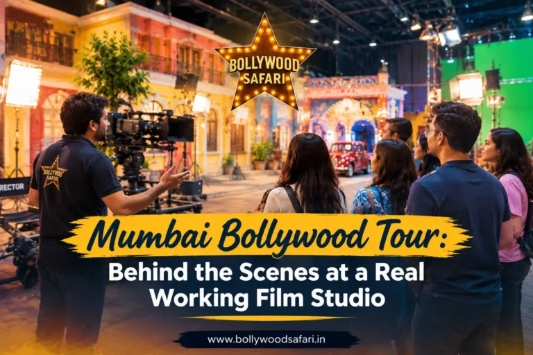 Mumbai Bollywood Tour at a real working film studio with visitors exploring Bollywood film sets and behind-the-scenes production