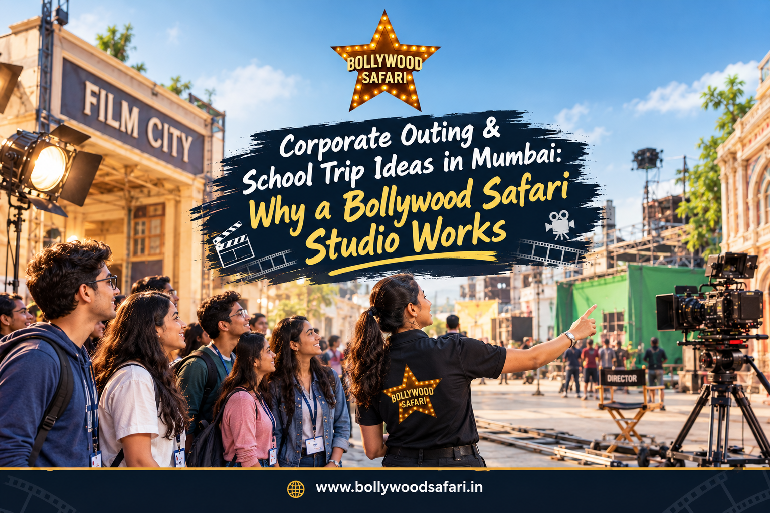 Students and corporate groups exploring a Bollywood film studio with a guide at Bollywood Safari in Mumbai, surrounded by movie sets and professional filming equipment.